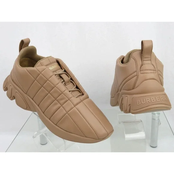 $850 BURBERRY AXBURTON BISCUIT TAN CHECK QUILTED LEATHER LOGO SNEAKERS 8 US 41 Burberry AXBURTON BISCUIT CHECK QUILTED LEATHER LOGO  main image 2